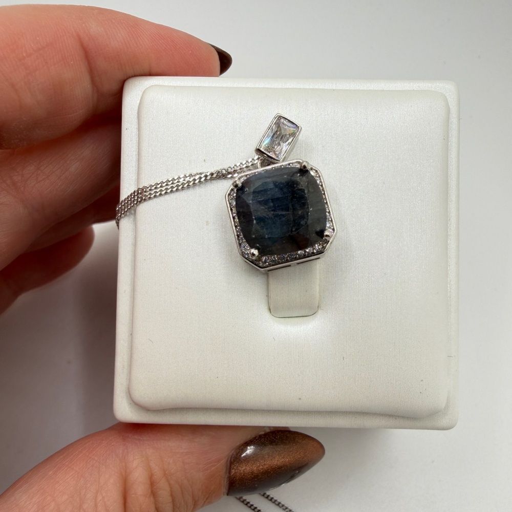 SALE! 6.3ct cushion cut deep blueish sapphire, cz halo diamonds, 925 pendant!